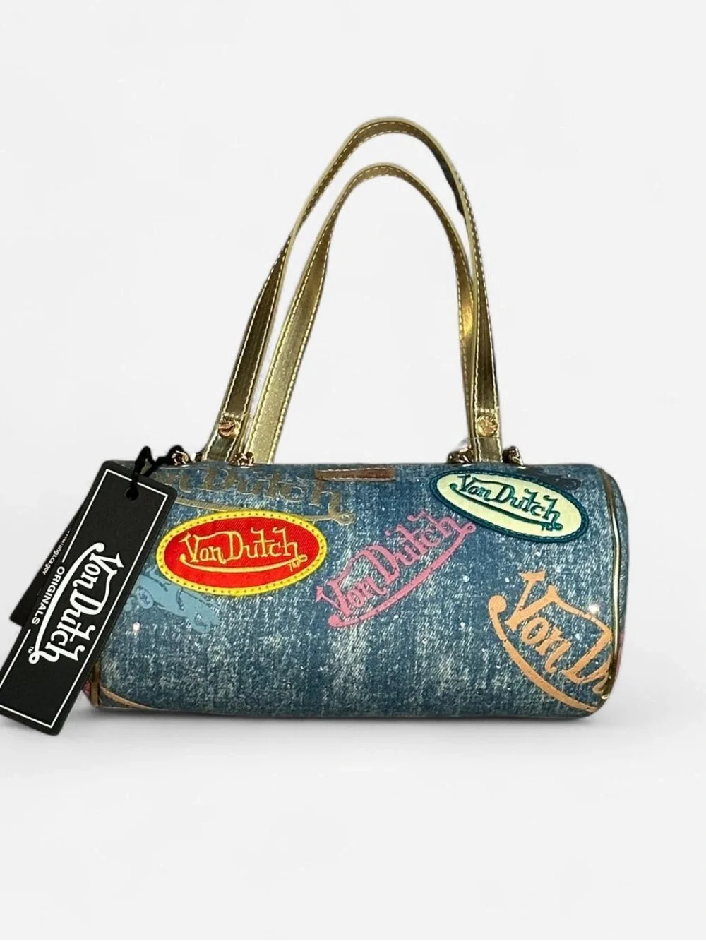 Von Dutch Blue Denim Barrel Bag with Gold Handles and Colorful Patches